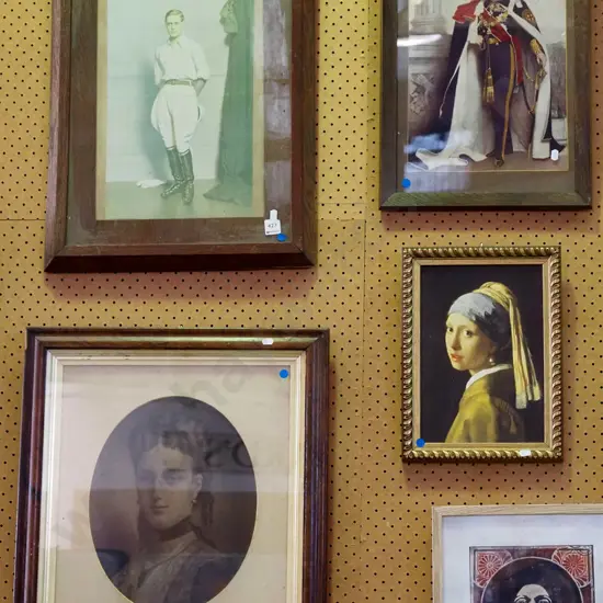 2x vintage photographic portraits, framed Princess of Wales etching, reproduction print - girl with pearl earring  - blu