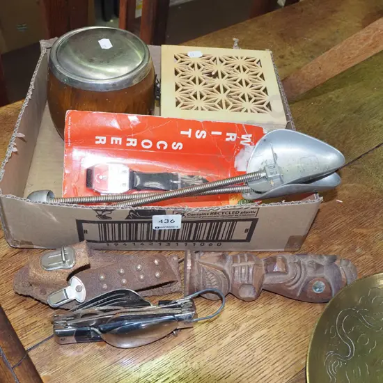 box; shoe forms, camping multi tool, golfing wrist scorer etc