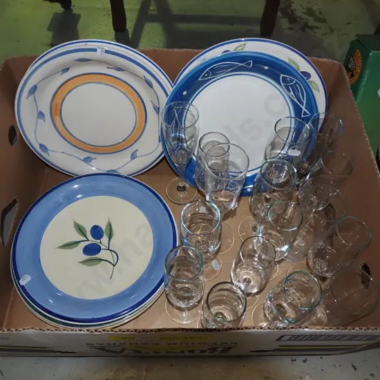 box; plates, wine glasses