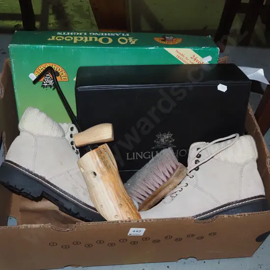 box; outdoor lights, boots, clothes brush etc
