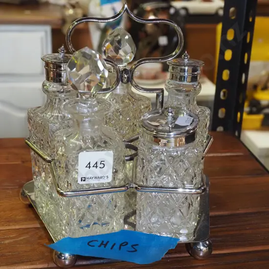 glass and plated condiment set - some chips