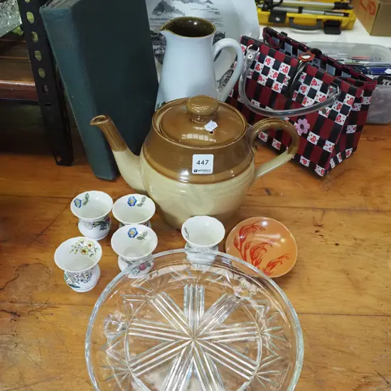 large tea pot, hand bag, Denby jug, book etc