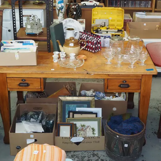 worn rimu 2 drawer desk - marks and scratches to top H-760 W-1370 D-810