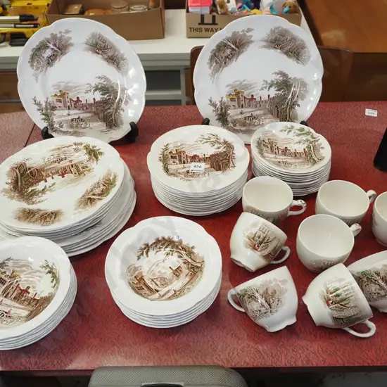 assorted Johnson Bros Haddon plates, bowls, cups, saucers