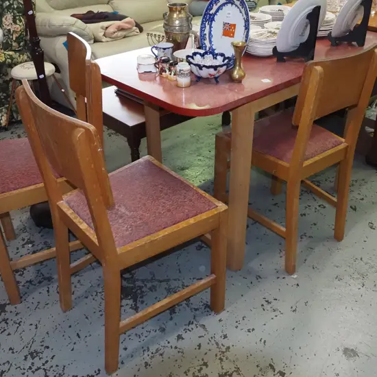 formica and rimu drop side extending dining table with 4 matching chairs - formica worn and faded