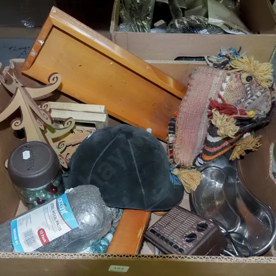 box; equestrian helmet, steel wool, trays, paua shell etc