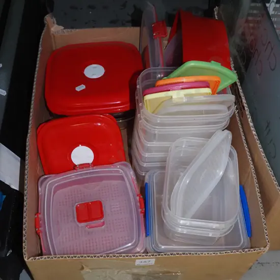 box of plastic storage containers