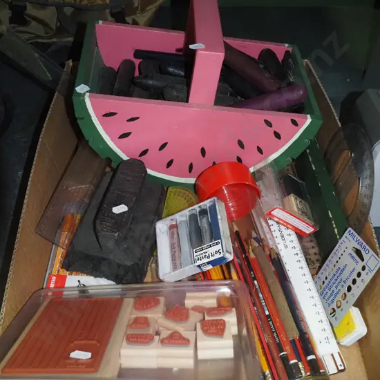 box; watermelon basket, crayons, pencil etc