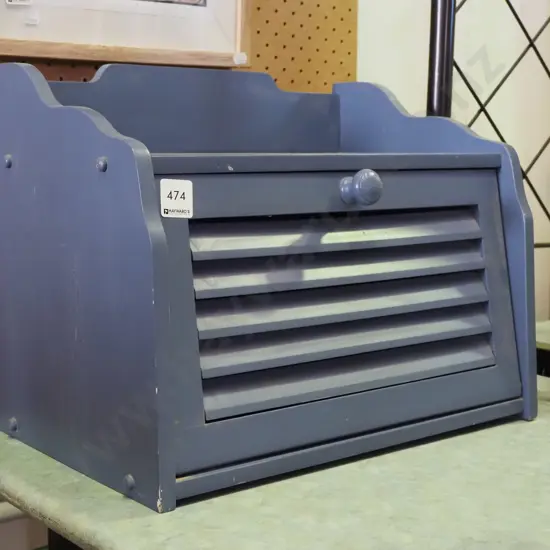 blue painted wooden bread bin