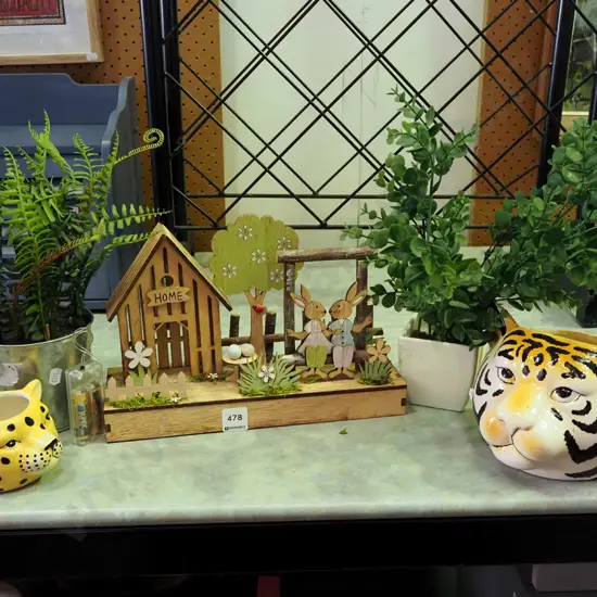 plastic plants, wooden illuminated rabbit scene, bid cat planters