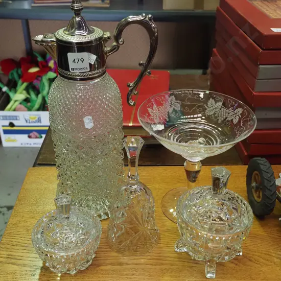 moulded glass and plated claret jug, glass bell - no donger, cover pots etc