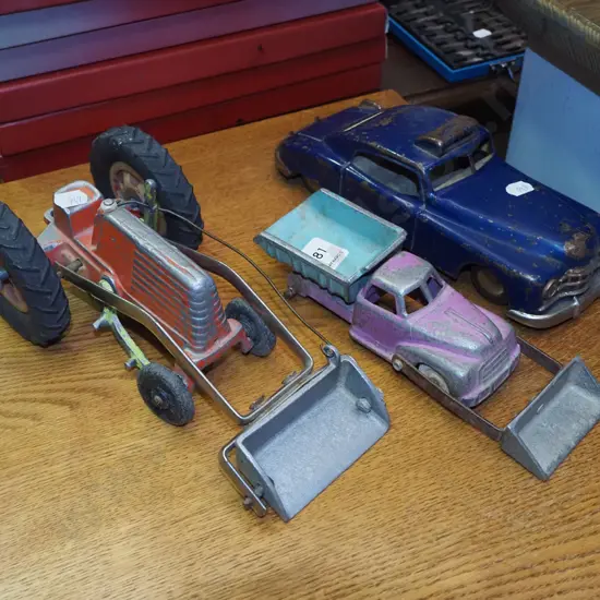 Fun Ho tractor, truck, vintage tin model police car