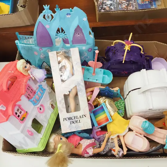 box of children's toys; dolls, teddy bear etc