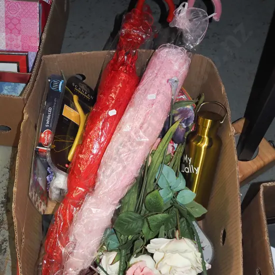 box; parasols, faux flowers, clutch purse, figurines etc