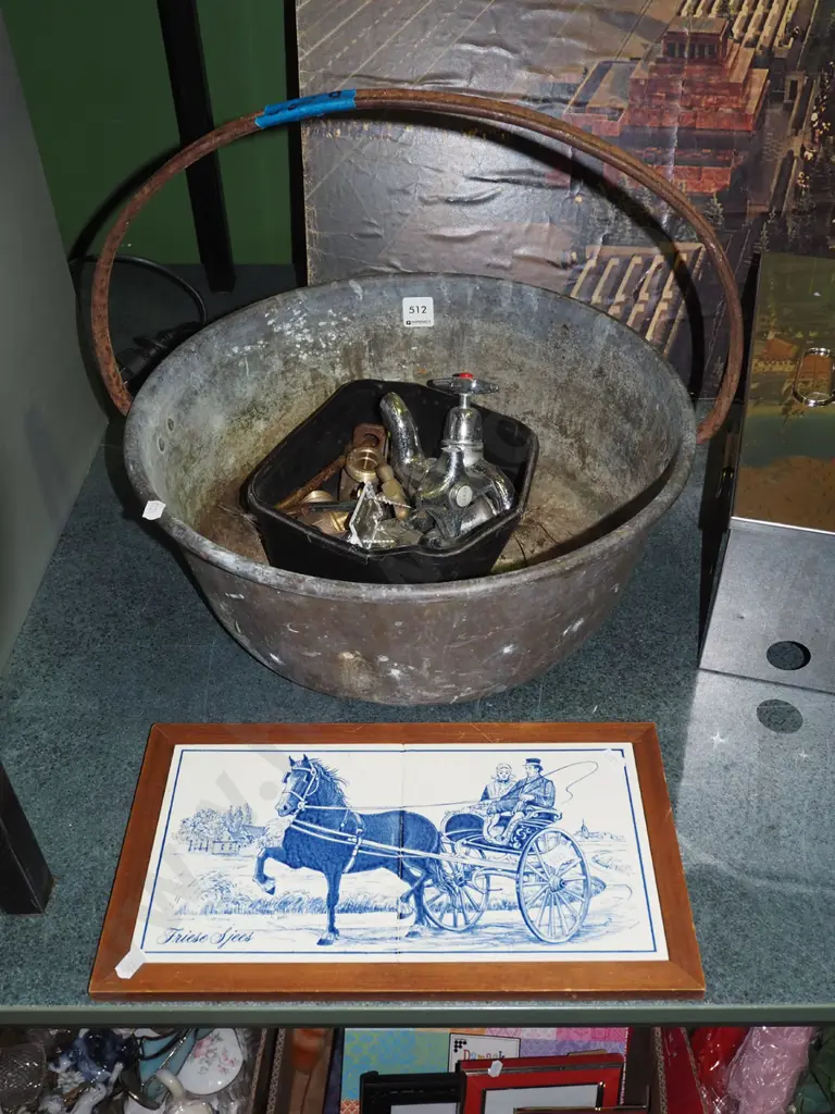 rusty copper jam pan, taps, framed picture tiles - horse and carriage Image 1++