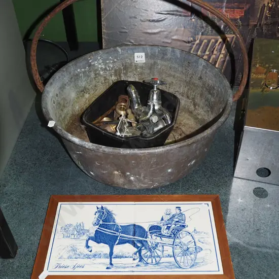 rusty copper jam pan, taps, framed picture tiles - horse and carriage