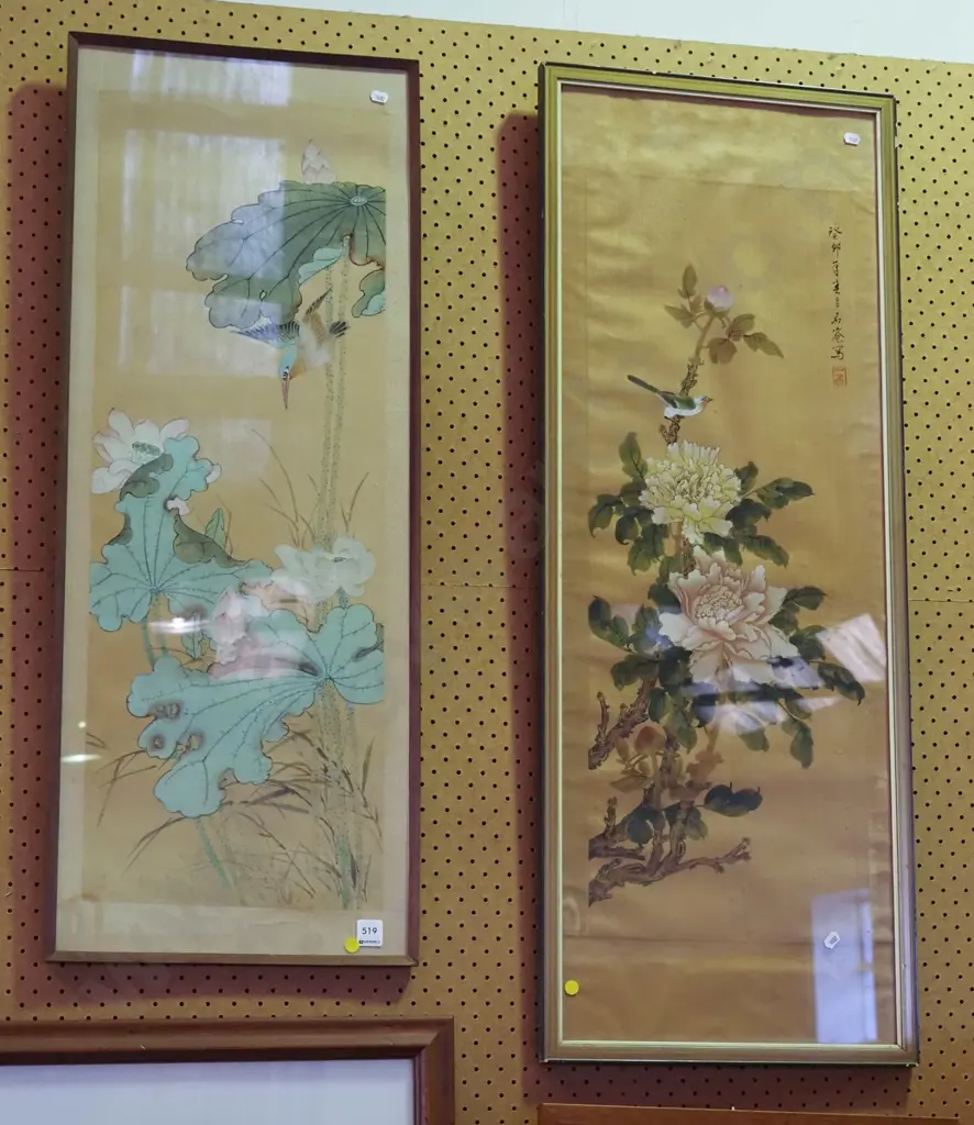 2x framed Asian watercolours - birds/flowers - aging to both - yellow dots  Image 1++