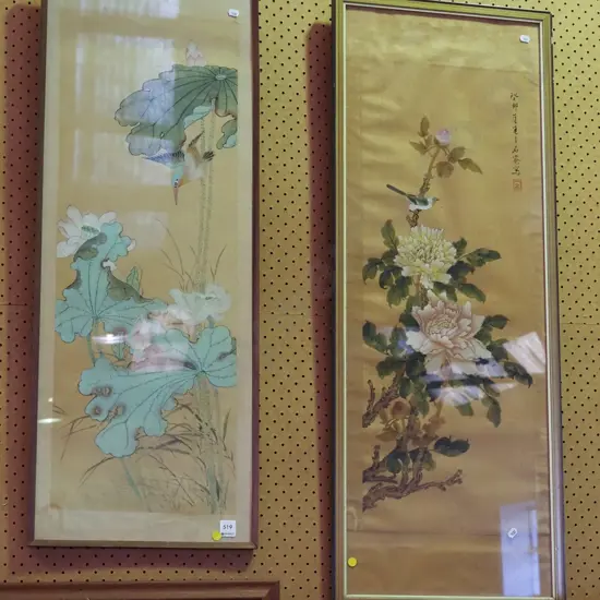 2x framed Asian watercolours - birds/flowers - aging to both - yellow dots 