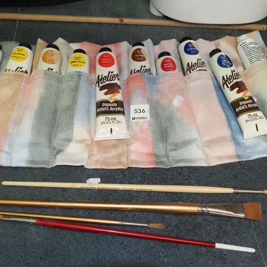 artist's acrylic paints, brushes
