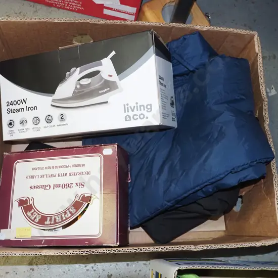 box; iron, ski pants, branded glass set