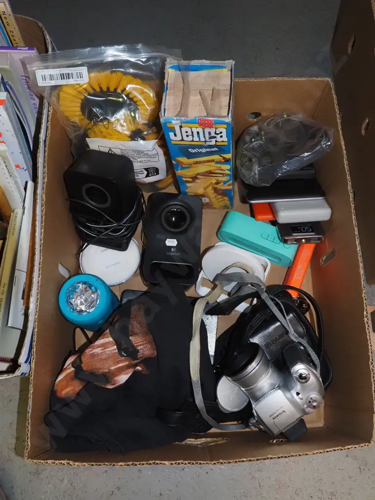 box; Jenga, calculator, computer speakers, Beatles T shirt etc Image 1++