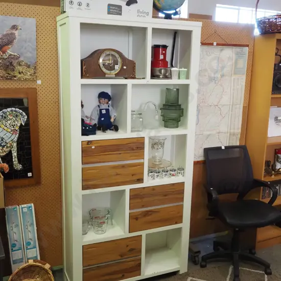 white painted and exposed wood bookcase/display unit H-2000 W-950 D-350