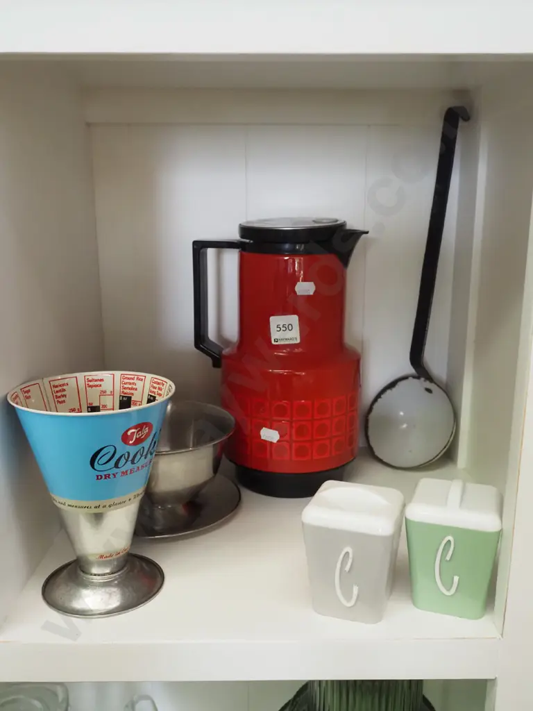 shelf; retro storage canisters, enamel thermos jug, ladle etc Image 1++