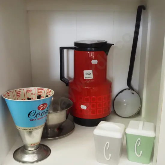 shelf; retro storage canisters, enamel thermos jug, ladle etc