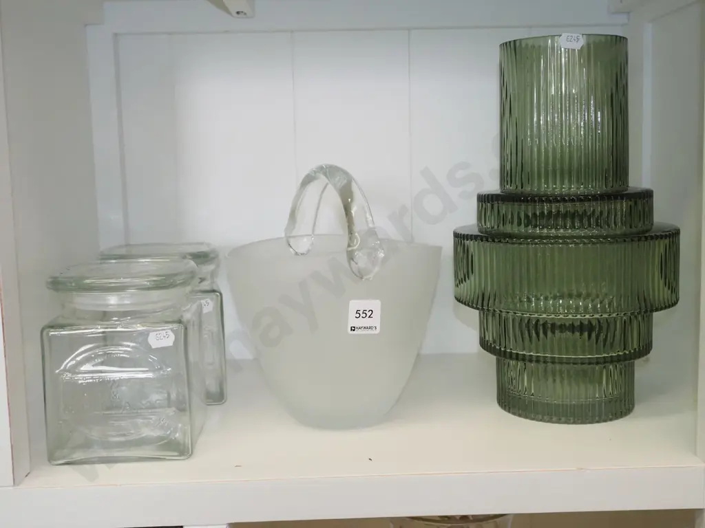 2x glass canister, glass basket, glass vase H-310 Image 1++