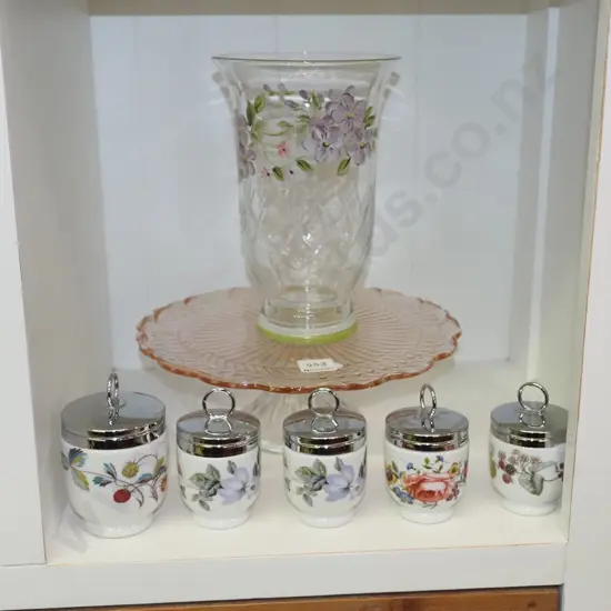 glass cake plate, hand painted vase etc