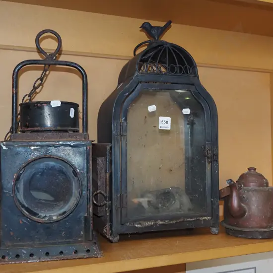 very rusty signal lantern, candle lantern H-460, small copper teapot