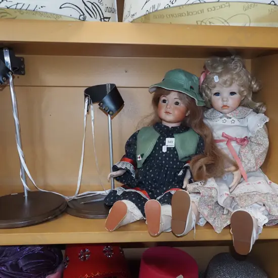 2x porcelain display dolls and stands