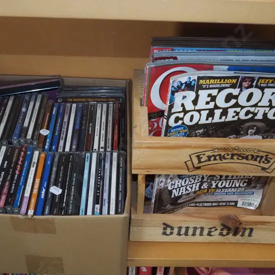 box of CDs, Emerson's crate of magazines