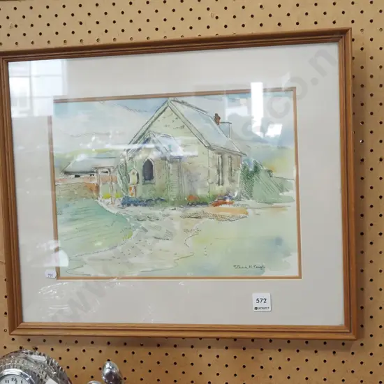 framed Patricia Tough watercolour and charcoal - church