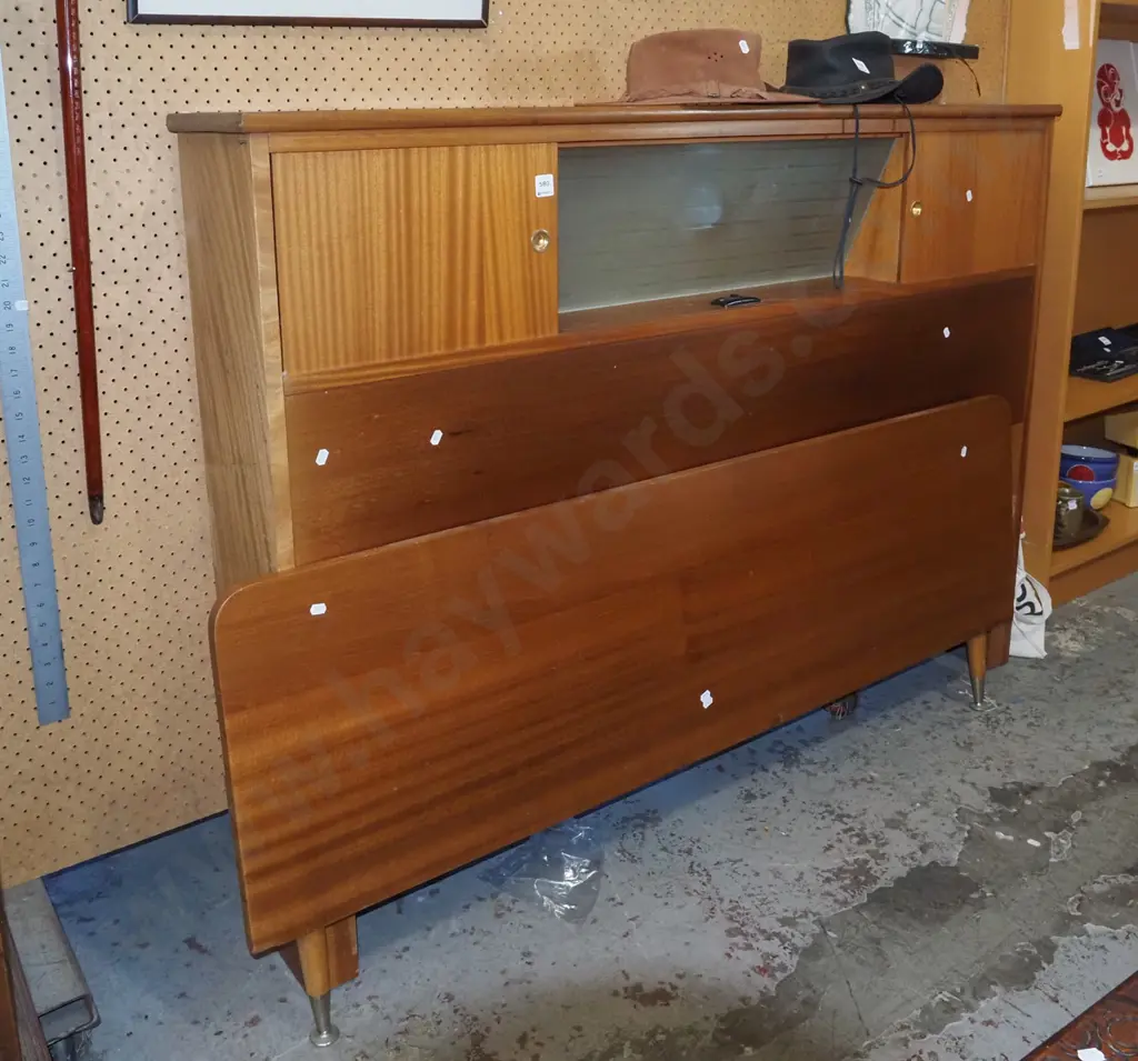 mid-century illuminated double bed  headboard and base board with 2 sliding door cabinets Image 1++