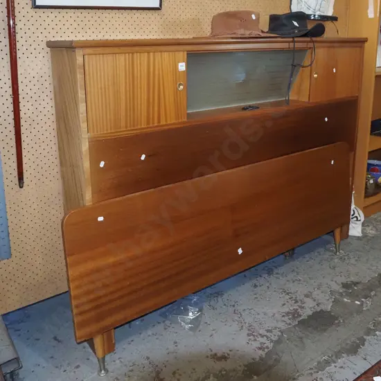 mid-century illuminated double bed  headboard and base board with 2 sliding door cabinets