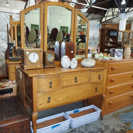 oak cab leg 3 drawer mirror back dresser - mirrors need stabilising and adjusting H-1730 W-1200 D-540