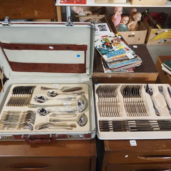 faux burr walnut and aluminium cutlery canteen and cutlery - blue dots