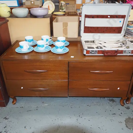 mid-century 4 drawer lowboy - wear to varnish H-560 W-1165 D-455