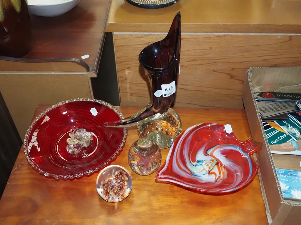 art glass vases, ashtray, paperweight, ruby glass bowl Image 1++