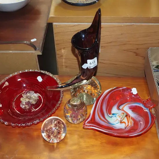 art glass vases, ashtray, paperweight, ruby glass bowl