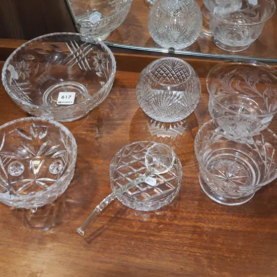crystal and glass ware; bowls, dish, small ladle