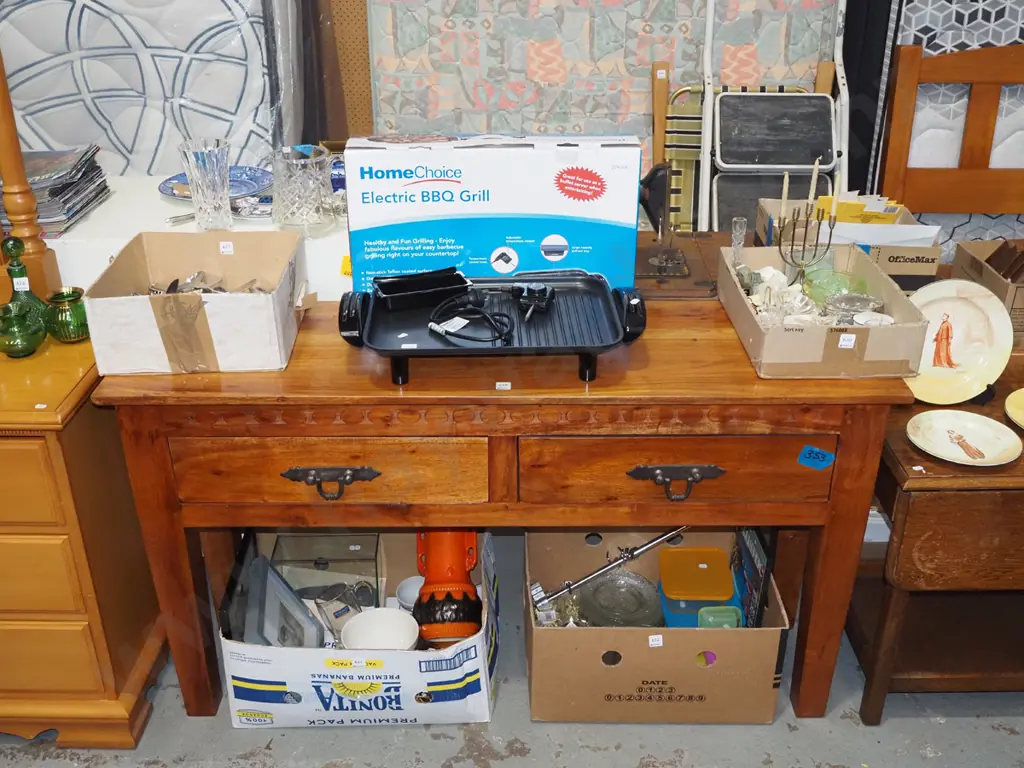 Indonesian hardwood 2 drawer hall table with heavy cast metal drop handles H-770 W-1375 D-410 Image 1++