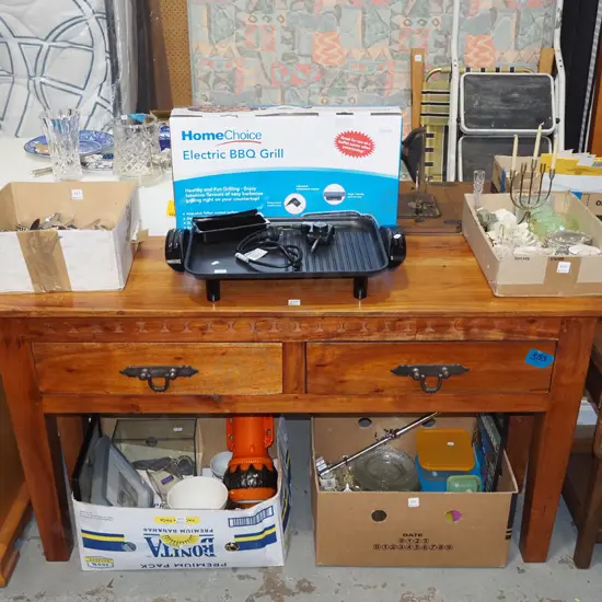 Indonesian hardwood 2 drawer hall table with heavy cast metal drop handles H-770 W-1375 D-410