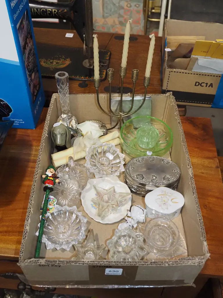 box; candlesticks, green glass bowls, flower frogs, vase etc Image 1++