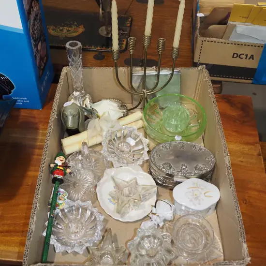 box; candlesticks, green glass bowls, flower frogs, vase etc