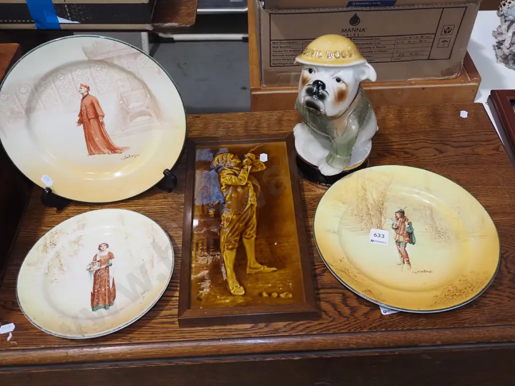 framed picture tile, 3x Doulton plates, British bull dog  decanter Image 1++