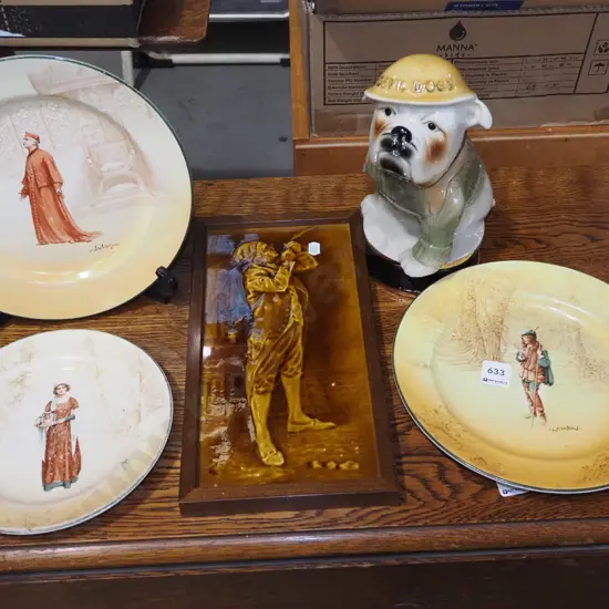 framed picture tile, 3x Doulton plates, British bull dog  decanter