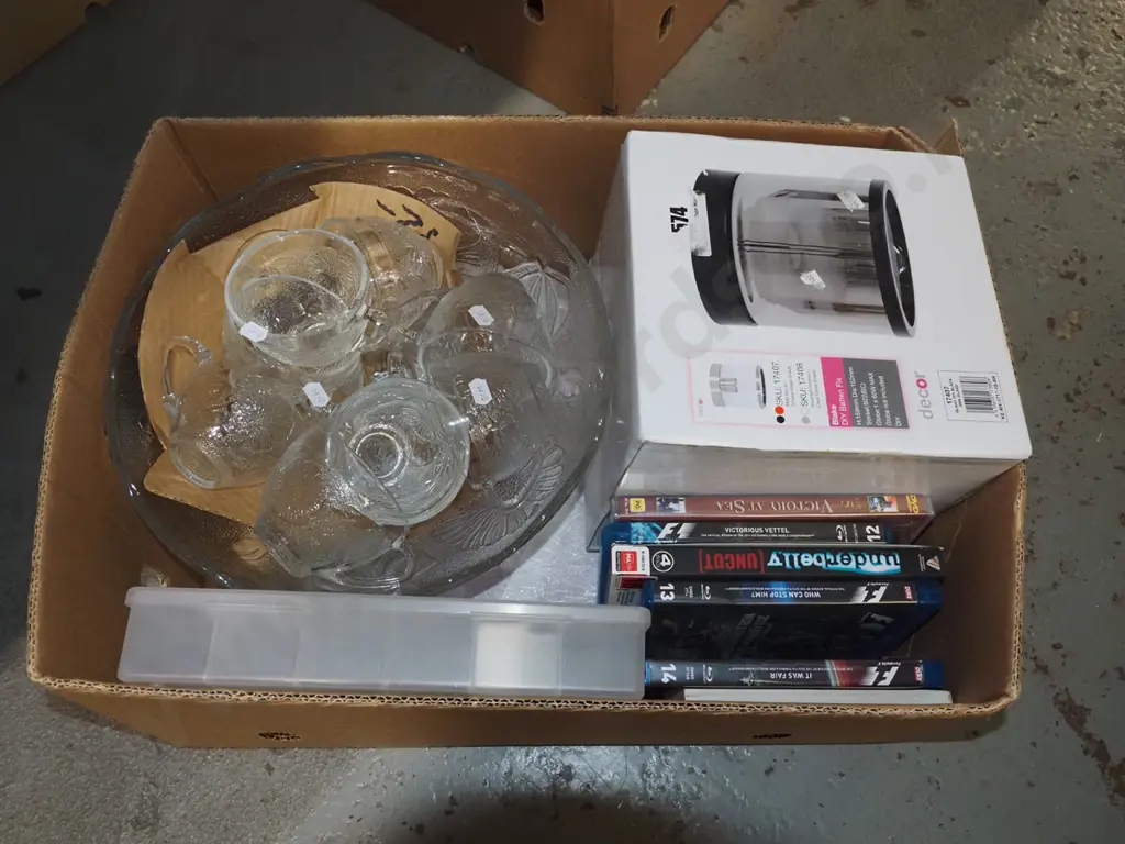 box; punch bowl, light fitting, needle craft oraginiser, DVDs Image 1++