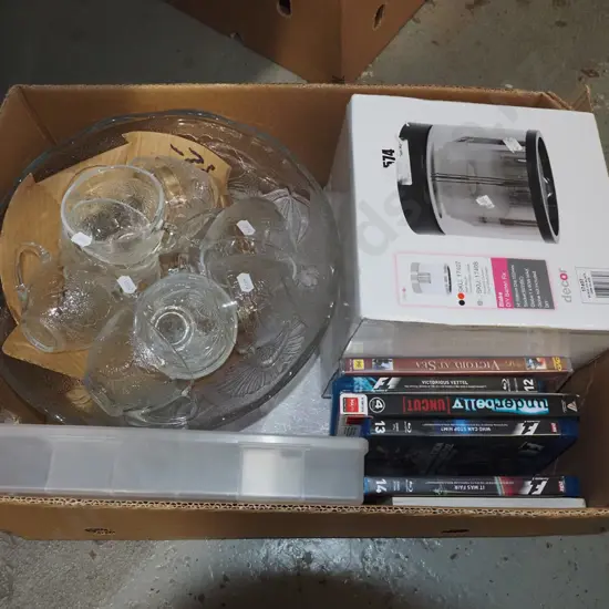 box; punch bowl, light fitting, needle craft oraginiser, DVDs